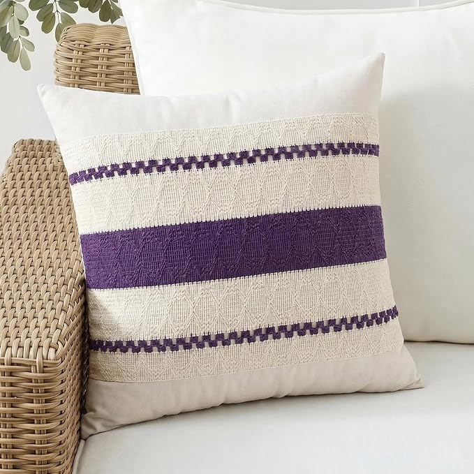 Fancy Homi Set of 1 Boho Purple Decorative Throw Pillow Cover 16x16 Inch for Couch Bed Sofa, Aesthetic Modern Organic Farmhouse Home Decor, Soft Cotton Cute Accent Macrame Woven Cushion Case