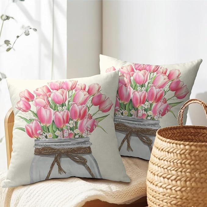 Kawani Spring Flowers Tulip Pillow Covers 20x20 Set of 2 Watercolor Pink Floral Leaves Mason Jar Decorative Pillow Cases Cotton Linen Cushion Cover for Couch Sofa Outdoor Home Decor