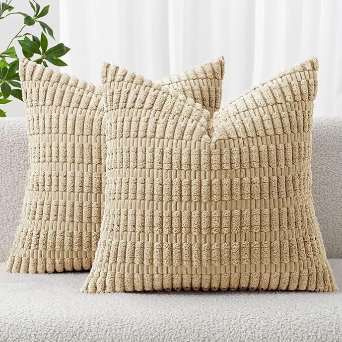 MIULEE Corduroy Decorative Throw Pillow Covers 20x20 Tan Pack of 2 | Soft Neutral Boho Striped Pillow Covers Modern Farmhouse Home Decor For Sofa Living Room Couch Bed