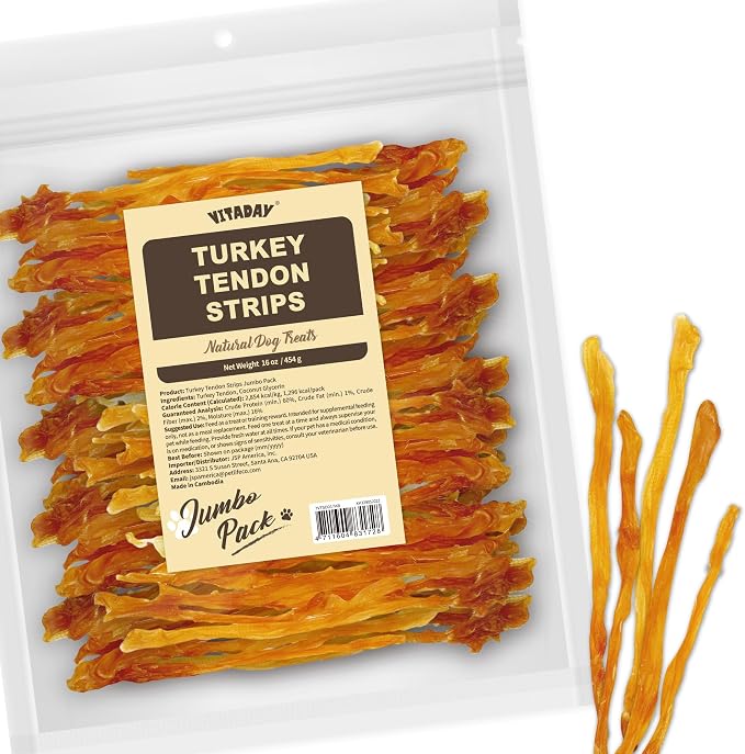 VITADAY All Natural Turkey Tendon Dog Treats, Strips, 1 lb | Long-lasting dog training treats, Rawhide-free made of USA-sourced turkey