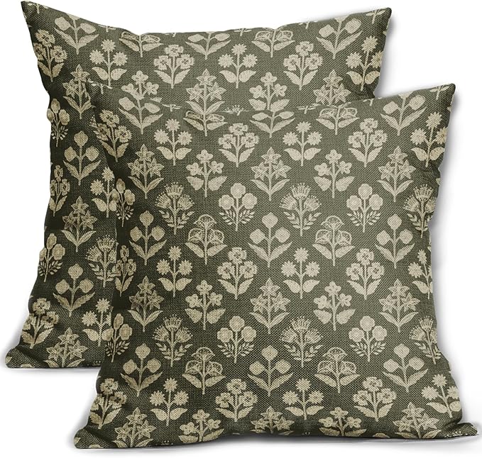 Olive Green Floral Pillow Covers 22x22 Inch Set of 2, Vintage Flower Block Print Pattern Decorative Throw Pillowcases Outdoor Farmhouse Cushion Covers Spring Summer Rustic Sofa Couch Bed Decor