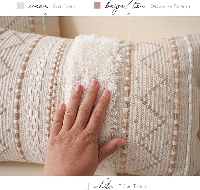 Decorative Throw Pillow Covers 18X18 Combo Set of 2 Square Cream Neutral White Boho Accent Pillowcase Tassels Farmhouse Cushion for Couch Sofa Bedroom Living Room Home Décor Cover ONLY