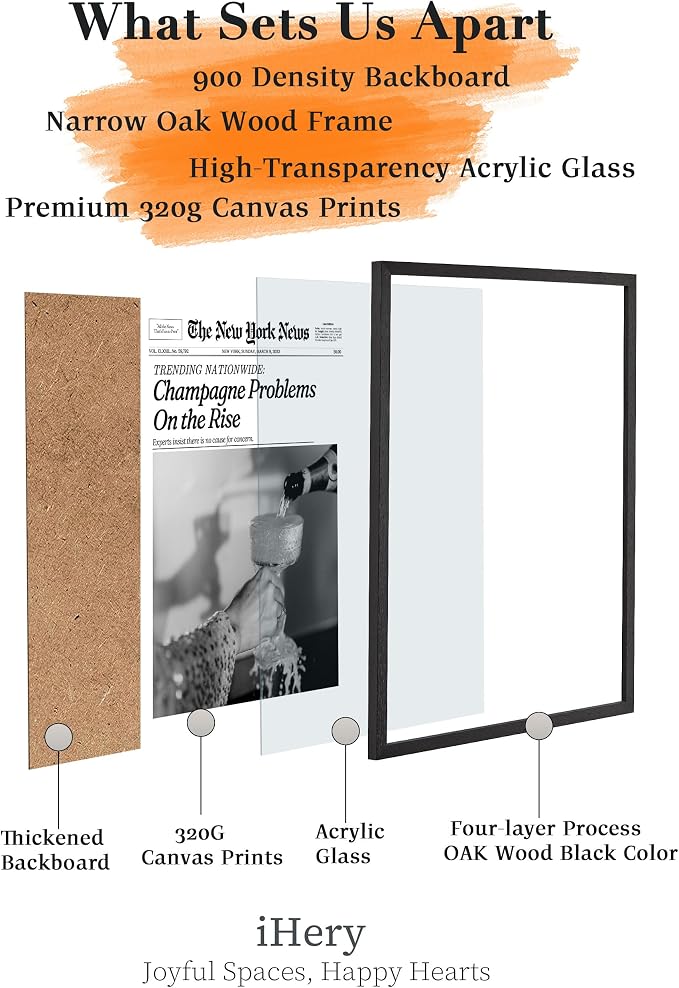 iHery 16x20in Champagne Problems on the Rise Framed Newspaper Art | Premium Black Natural OAK Wood Frame with Canvas Print, Vintage Champagne Decor for Bar Cart, Kitchen, Living Room 1Pack