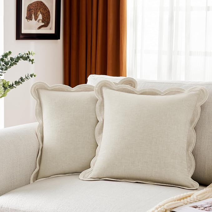 Ohocut Scalloped Pillow Cover Pack of 2 Spring Chenille Decorative Throw Pillow Covers Cute Boho Couch Pillow Covers Aesthetic Funky Preppy Pillow Cases for Sofa Living Room (Cream White, 18x18 Inch)