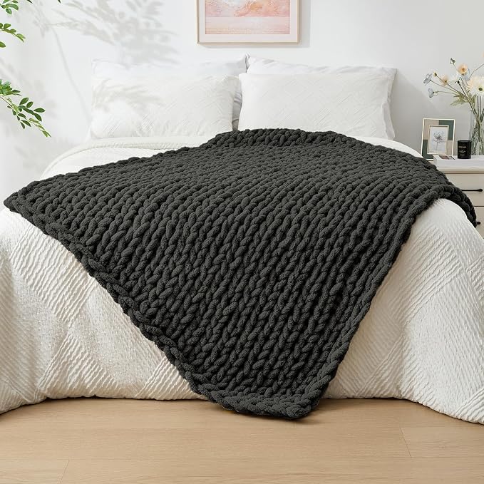 Bigacogo Chunky Knit Throw Blanket for Couch, 40x60 inches, Dark Grey | Hand Knit with Jumbo Chenille, Soft Breathable Cable Knit for Sofa Bed Living Room, Machine Washable, Gift for Mom Friend