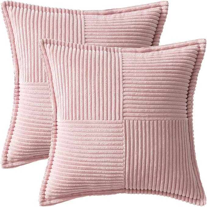 MIULEE Decorative Throw Pillow Covers for Couch 20x20 Inch Pink 2 Pack | Boho Broadside Striped Patchwork Pillow Covers, Soft Corduroy Cushion Cases, For Sofa Bed Livingroom Home Decor