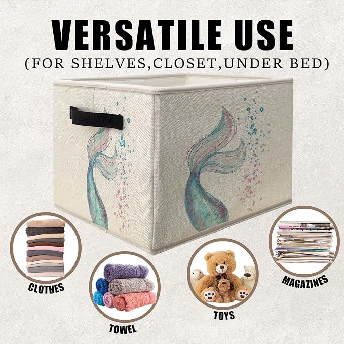Ocean Mermaid Storage Bins Basket, Toybox for Girls Room, Glitter Mermaid Tail Collapsible Fabric Storage Box Organizer for Bedroom Bathroom Clothes Books Toys