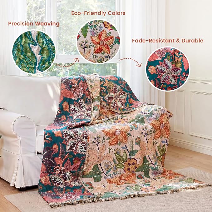 MSGKV Boho Throw Blanket 60"x80" Summer Cotton Floral Blanket for Twin | 100% Cotton Muslin, Botanical Throw Blanket, Reversible Weave, Soft & Breathable, Elegant Home Decor, Machine Washable