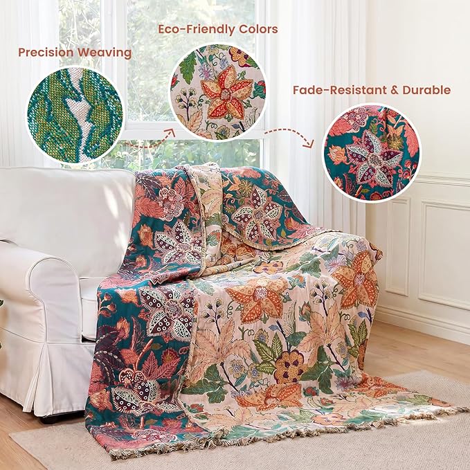 MSGKV Boho Throw Blanket 50"x60" 100% Cotton Embroidery Floral Muslin Throw | 100% Cotton Muslin, Embroidered Floral Throw, Soft & Breathable, Lightweight Comfort, Couch & Bed Decor, Machine Washable