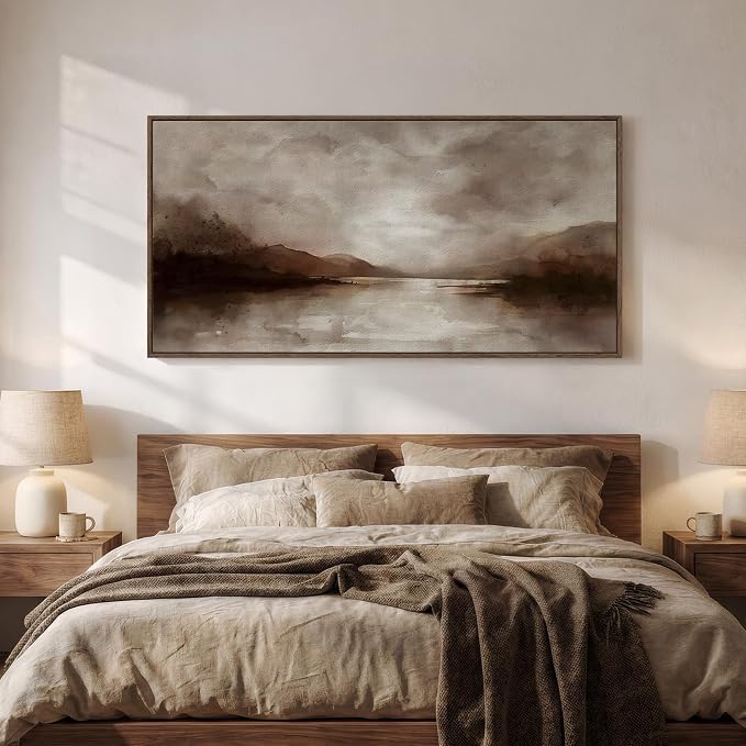 Large Framed Rustic Canvas Wall Art for Living Room, Brown Modern Abstract Landscape Prints Paintings Artwork for Walls, Horizontal Nature Pictures Wall Decor for Bedroom, Office, Farmhouse 30x60 In