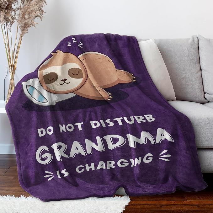Leebbsin Funny Gifts for Grandma, Grandma Birthday Gift from Grandkids | Grandma is Charging Sloth Blanket 60" x 80", Purple, Grandmas Gift for Christmas Mothers Day, Soft Sloth Blanket for Grandma