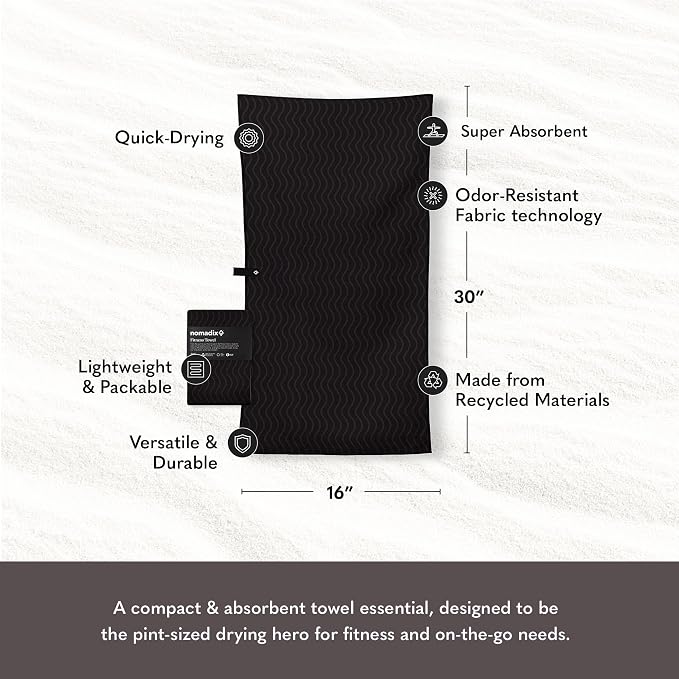 Nomadix Fitness Towel- Microterry Quick-Dry Gym & Yoga Sweat Towel, Odor-Resistant, Ultra Absorbent, Sand & Pet Hair-Resistant, Recycled Material, 30″×16″- Regenerative Black