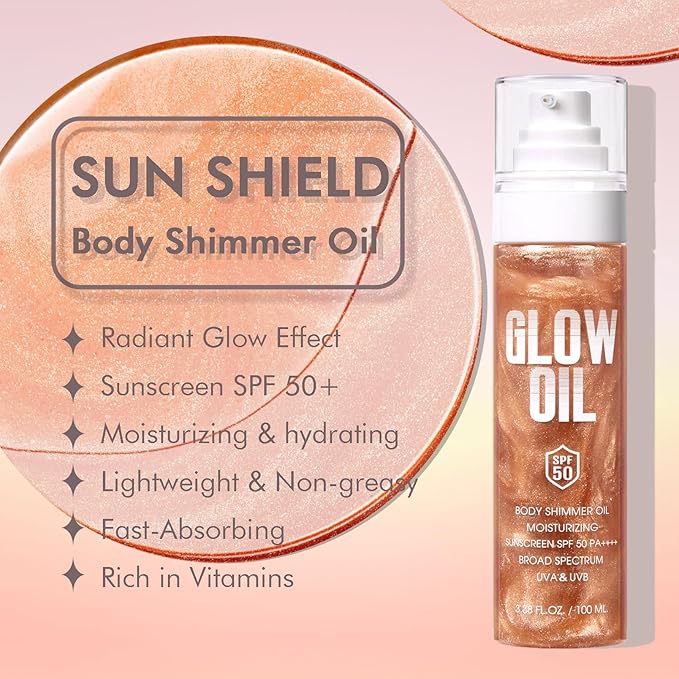 Body Glow Oil, Broad Spectrum SPF 50, Glitter Shimmer Sunscreen Body Oil Lotion with Sequin Mica, Lightweight Non-Sticky Moisturizer with Coconut, Skin Illuminator Glowing Results (02# Rose Gold)