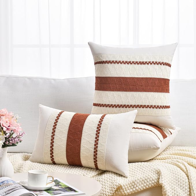 Fancy Homi Set of 1 Rust Boho Long Lumbar Decorative Throw Pillow Cover 16x24 Inch for Couch Bed Sofa, Aesthetic Modern Organic Fall Room Decor, Soft Cotton Cute Terracotta Farmhouse Cushion Case Gift