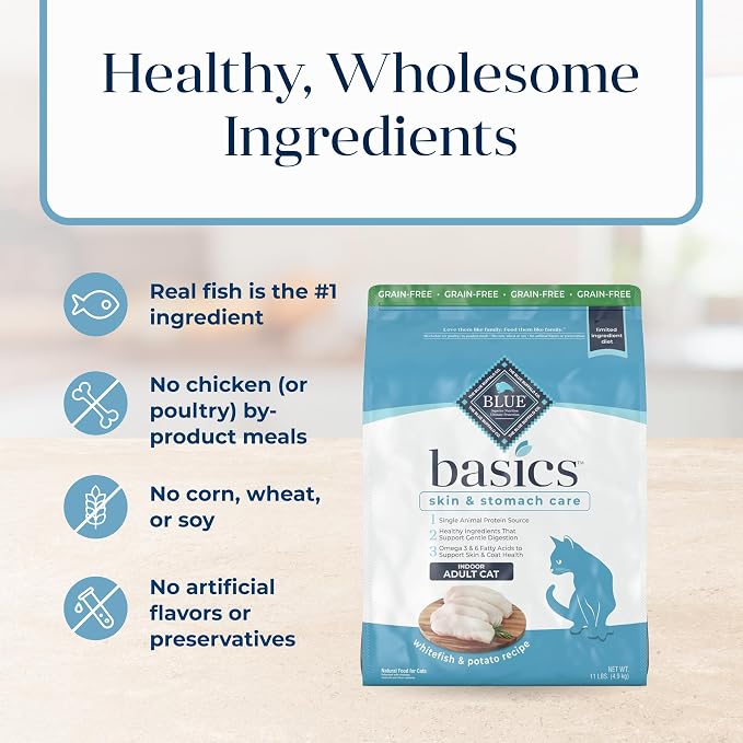 Blue Buffalo Basics Fish Grain-Free Skin & Stomach Care Dry Cat Food, 11 lb | Real Fish #1 Ingredient, Limited Ingredient Diet, Antioxidant-Rich LifeSource Bits, Skin & Coat Health