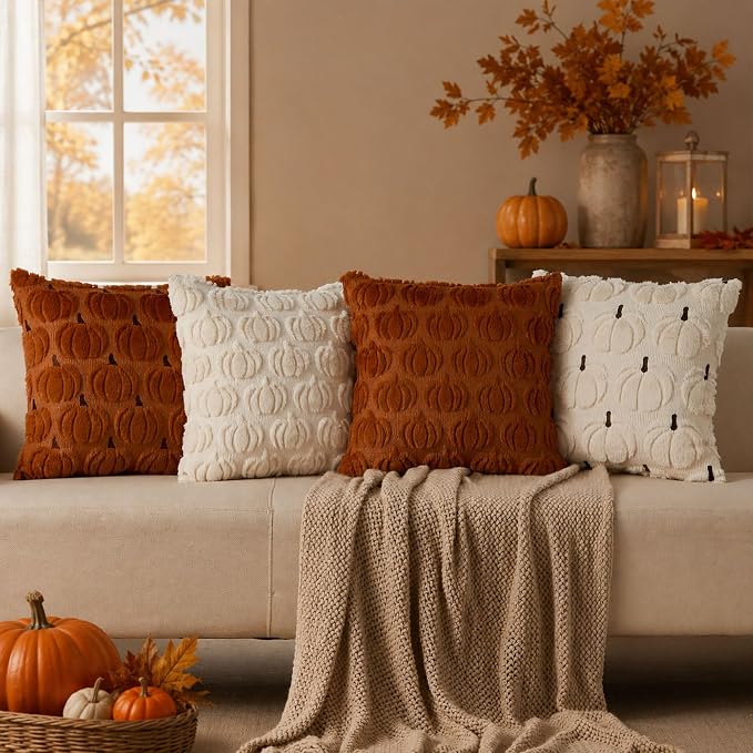 DFXSZ Fall Pillow Covers 18x18 2Pcs Rust Beige Pumpkin Fall Decorations | Fall decor Set of 2 Throw Pillow Cases Soft Plush Faux Fur Wool Couch Cushion for Chair Sofa Bedroom Living Room Home Decor