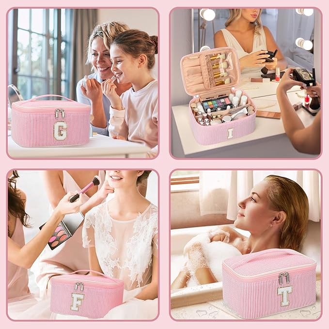 OCHEAL Makeup Bag Valentines Day Gifts for Women, Monogram Cosmetic Bag Pink Travel Makeup Case Beauty Toiletry Bag Organizer Personalized Gifts for Girls Bridesmaid, Sister, Wife, Friends Initial K