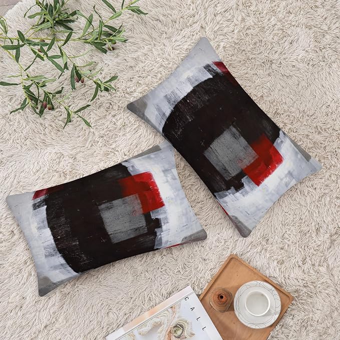 Red and Grey Abstract Art Pillow Cover, Modern Black White Decorative Throw Pillows Cushion Cover for Bedroom Sofa Living Room 12 x 20 Inch Set of 2