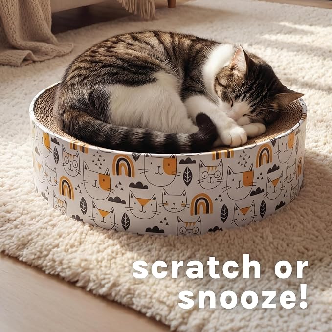 Kitty City Cat Print Corrugate Scratcher Bed - Round Lounger Scratch Pad with Corrugated Cardboard, Horizontal Nail File Surface, Indoor Kitty Furniture, Cat Enrichment, Sleep, & Play, 15.5” x 15.5”
