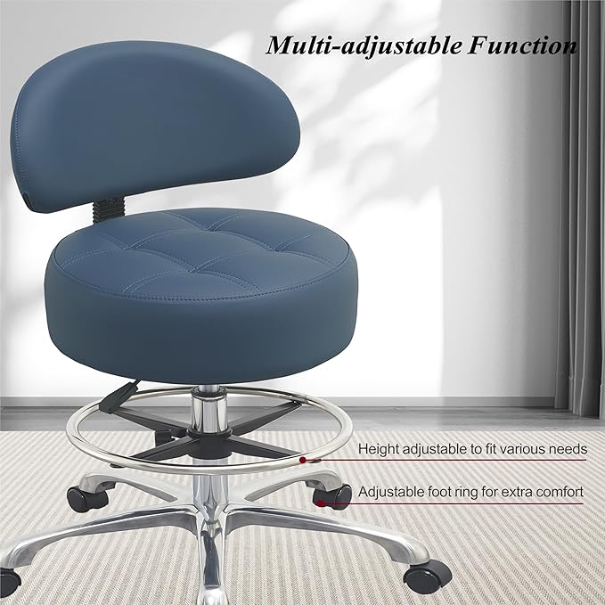 Adjustable Rolling Shop Stool with Back Support - Heavy Duty Kitchen Stool with Wheels for Salon, Spa, Massage, Tattoo, Esthetician - Extra Thick for Comfort