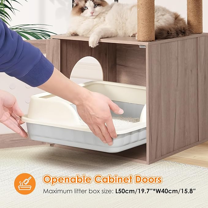 Cat Tree & Litter Box Enclosure,Modern All-in-one Indoor Cats Tower with Large Platform, Cat Condo with Wood House, Food Station, Hammocks (21.7”)