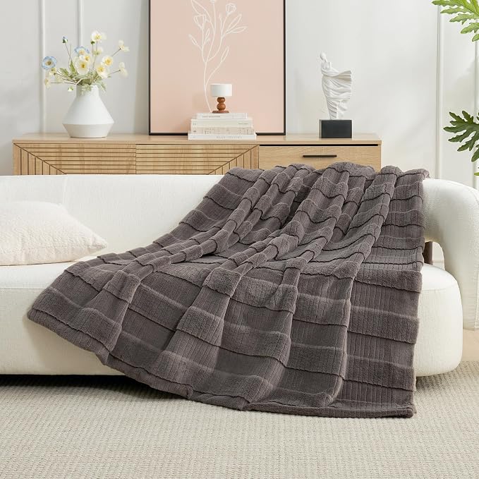 Luxury Striped Faux Fur Throw Blanket for Couch, Soft Cozy Fuzzy Fluffy Soft Plush Blankets Sofa Chair Gift Blankets for Women, 60"x80", Charcoal Gray