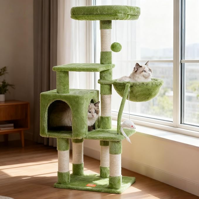 Heybly Cat Tree with Toy, 43.3 inch Cat Tower for Indoor Cats HCT004SGR | Cat Condo with Durable Sisal Scratching Posts, Cat House with Padded Plush Perch, Cozy Hammock, Green