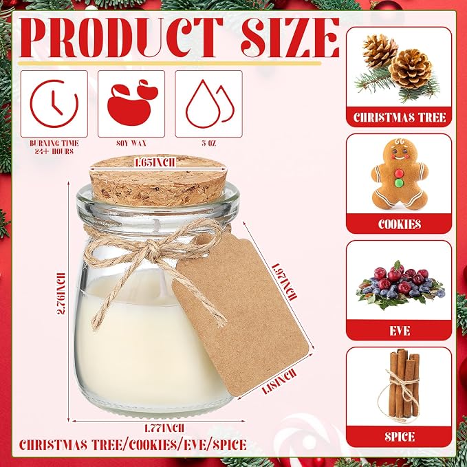 MTLEE 24 Pcs Christmas Jar Candles Scented Holiday Candle Gifts Natural Wax Jar with DIY Tag Cards for Xmas Gift Party Favors Home Decor, Scents of Christmas Tree/Cookies/EVE/Spice