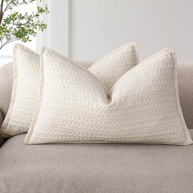 Foindtower Set of 2 Decorative Cotton Waffle Weave Lumbar Throw Pillow Covers Euro Shams Cushion Covers Accent European Pillowcase For Bed Couch Bedroom Living Room Home Decor 12×20 Inch Natural Ivory