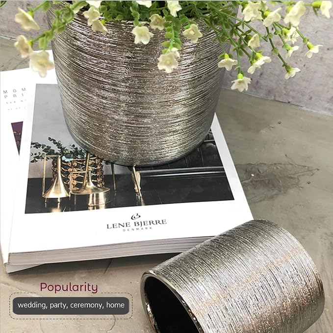 WGVI Silver Etched Ceramic Cylinder Vase Width 5.5" Height 5", Flower Arrangement, Candle Holder, Terrarium Planter Pot, Storage Container Organizer, Pen Brush Holder, Scratched Texture Design, 12 Pc