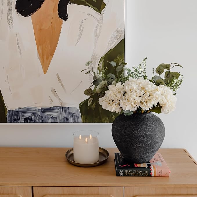 SilkSerenade Large Black Round Vase for Flowers & Table Centerpieces - 11 Inch Rustic Textured Earthy Stone Look, Matte Big Vessel Decorative Arina Modern Farmhouse Wabi Sabi Decor Living Dining Room