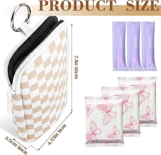 2 Pack Portable Tampon Holder Zippered Pouch with Snap Hook, Waterproof Travel-Friendly Discreet Period Bag, Feminine Products Organizer for Women Purse (Black and White Plaid)