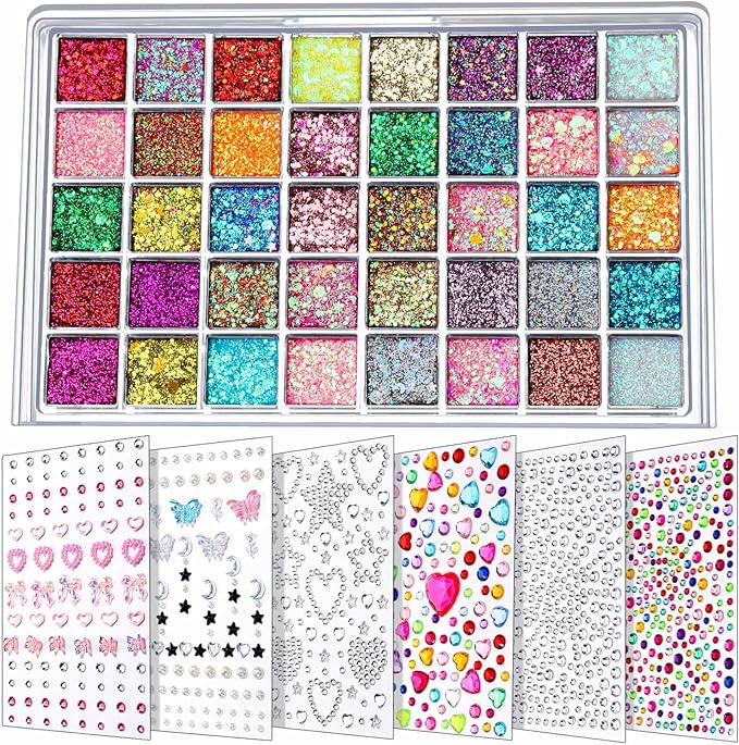 FANDAMEI Face Glitter Face Gems, 40 Colors Glitter Gel Palette with 6 Sheets Self Adhesive Hair Gems, Face Jewels for Women. Face Rhinestones Pearls for Women Kids, Body Hair Glitter