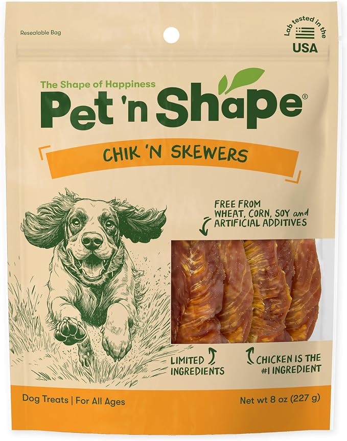 Pet 'n Shape Chik 'n Skewers – Chicken Wrapped Rawhide Chew Dog Treats - 8 Ounce | Premium chicken breast, Limited ingredients, Wheat and soy free, Everyday reward, For all life stages, High-protein snack