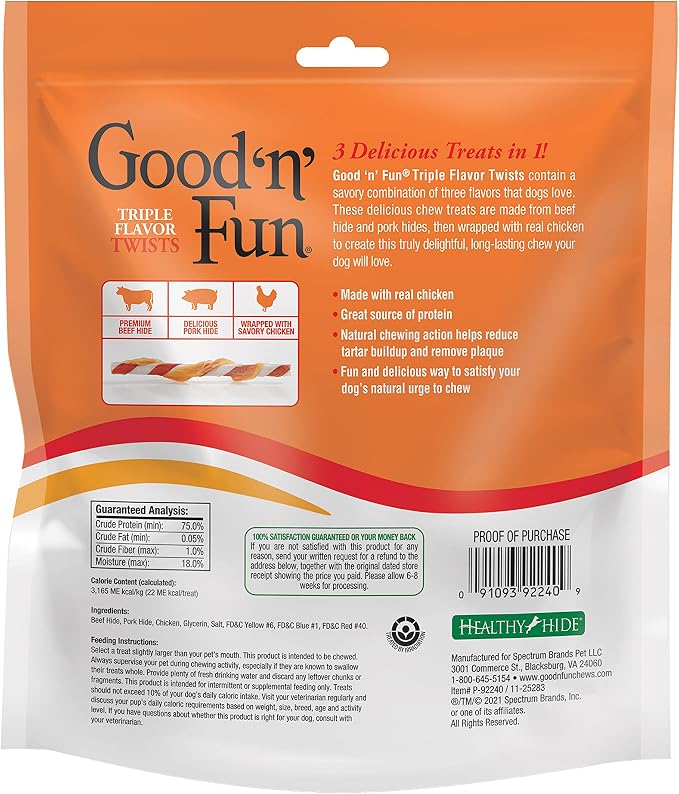 Good 'n' Fun Twists Long-Lasting Dog Treat Made With Real Protein, 35 Count | Premium Chicken, Pork and Beef Hide Chew, Supports Dental Health and Mental Stimulation, For Adult Dogs