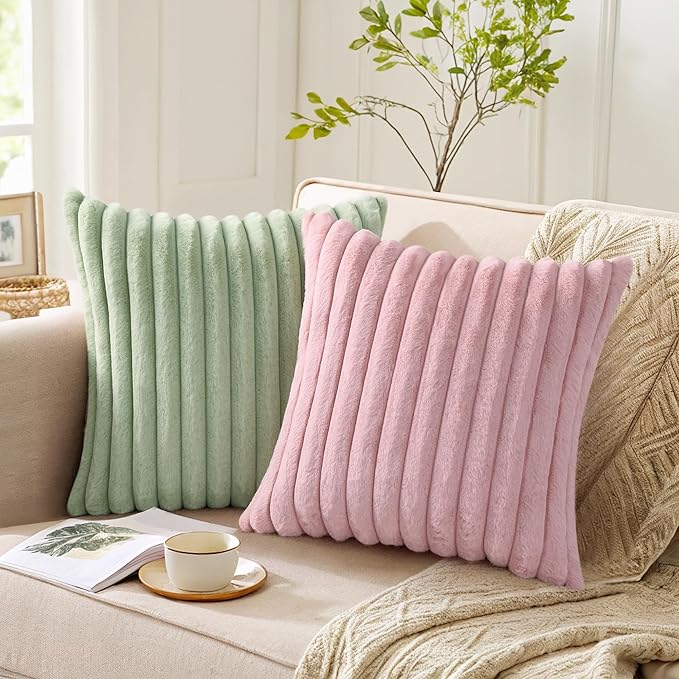 Pallene Faux Fur Decorative Throw Pillow Covers 26x26 Set of 2, Blush Pink | Luxury Plush Texture, Striped Design, Cozy Soft Touch, Modern Home Accent Decor for Couch, Sofa, Bed, Living Room