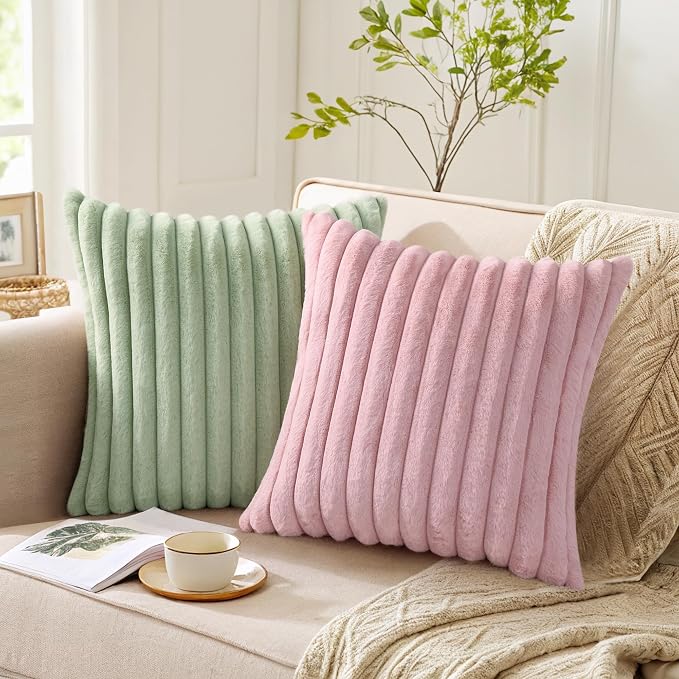 Pallene Faux Fur Decorative Throw Pillow Covers 22x22 Set of 2, Sage Green | Luxury Plush Texture, Striped Design, Cozy Soft Touch, Modern Home Accent Decor for Couch, Sofa, Bed, Living Room