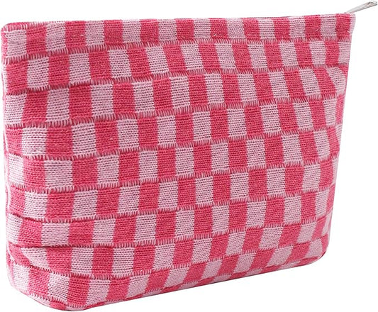 Cosmetic Bags for Women - Corduroy Cosmetic Bag Aesthetic Women Handbags Purses Smile Dots Makeup Organizer Storage Makeup Bag Girls Case Bags (Q-Checkered pink)