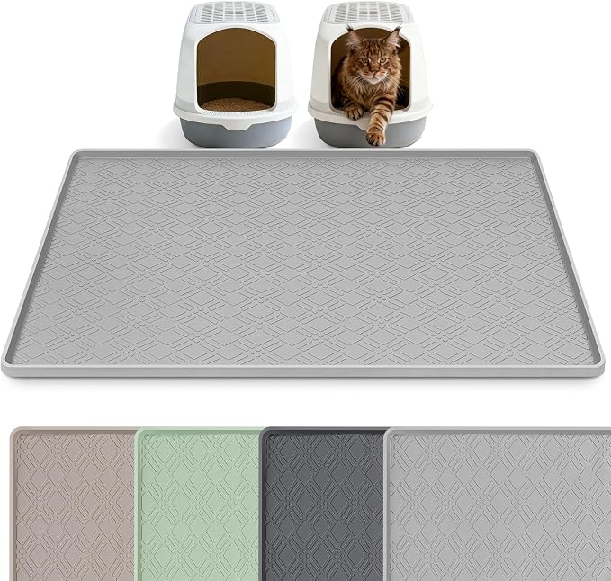 Silicone Cat Litter Mat 42" x 29" Cat Mat for Litter Box, Light Grey | Extra Large Cat Litter Trapping Mat for Floor, Waterproof, Non-Slip Kitty Litter Box Mat with Raised Edge, Easy to Clean