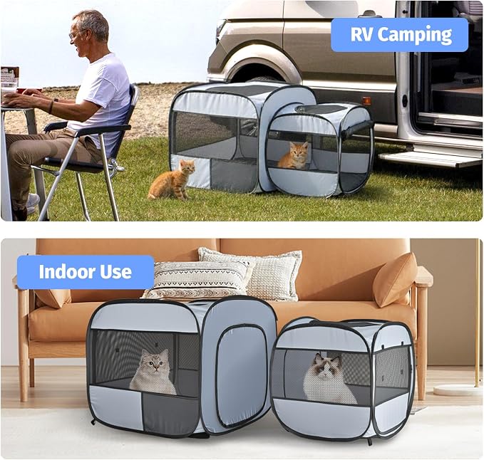 2-in-1 Portable Cat Playpen, Detachable into 2 Separate Cages with Additional 2 Doors, Pop up Pet Play Pen Cat Tent House, Foldable Puppy Enclosure Kitten Crates Indoors Outdoor(Grey)