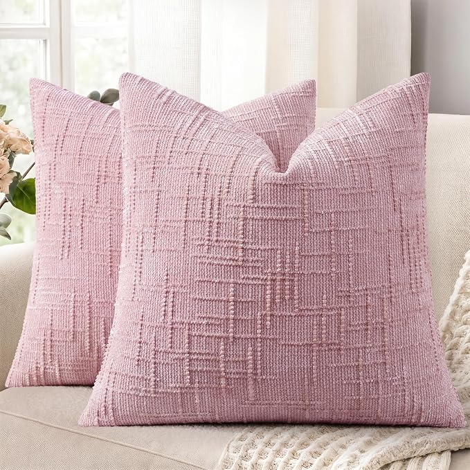 decorUhome Textured Chenille Throw Pillow Covers 16x16 Set of 2 Blush Pink | Fall Modern Farmhouse Soft Cozy Slubby Couch Pillow Cases Boho Decorative Pillow Cases for Bed Sofa Living Room Home Decor