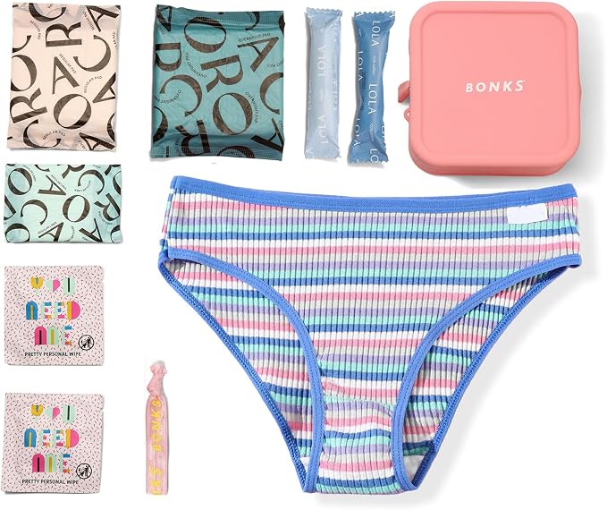 BONKS GoGo Kit - Teen Period Kit for Girls Ages 15-18 (L - XL) - Emergency Travel Hygiene Kit for Young Women - Includes Pads, Tampons, Underwear & More