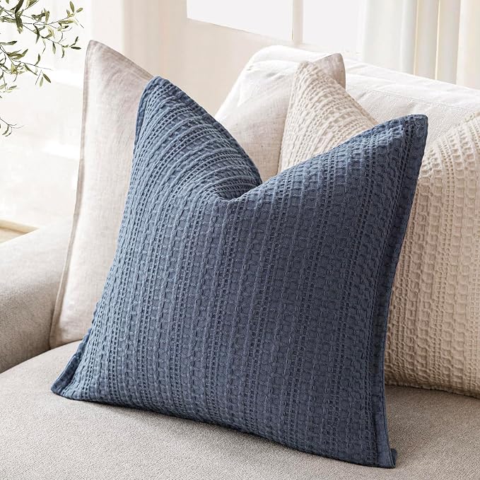 Foindtower Set of 2 Decorative Cotton Waffle Weave Throw Pillow Covers Euro Shams Cushion Covers Accent European Pillowcase for Bed Couch Sofa Bedroom Living Room Home Decor 22×22 Inch Blue