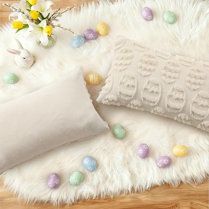 decorUhome Beige Faux Fur Egg Throw Pillow Covers 12x20 Set of 2 | Plush Soft Wool Jacquard Beige Cushion Covers, Modern Farmhouse Neutral Easter Holiday Decor Pillow Covers for Couch Sofa Bed