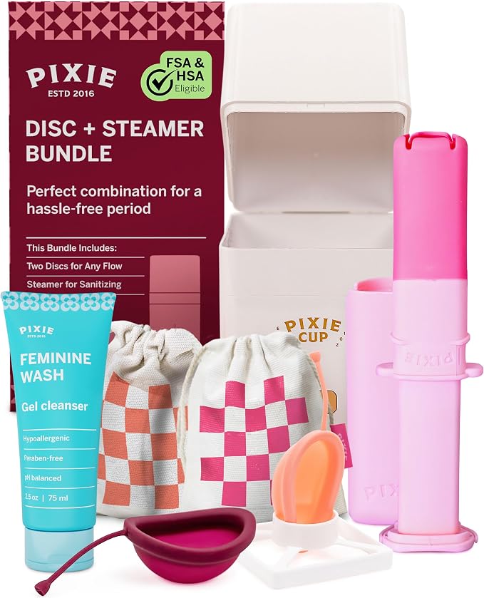 Pixie Menstrual Disc Collection - 2 Reusable Period Discs with Applicator, Sterilizer, Feminine Wash & Totes for Feminine Care, Tampon-Style Insertion - All-in-One Easy Period Solution