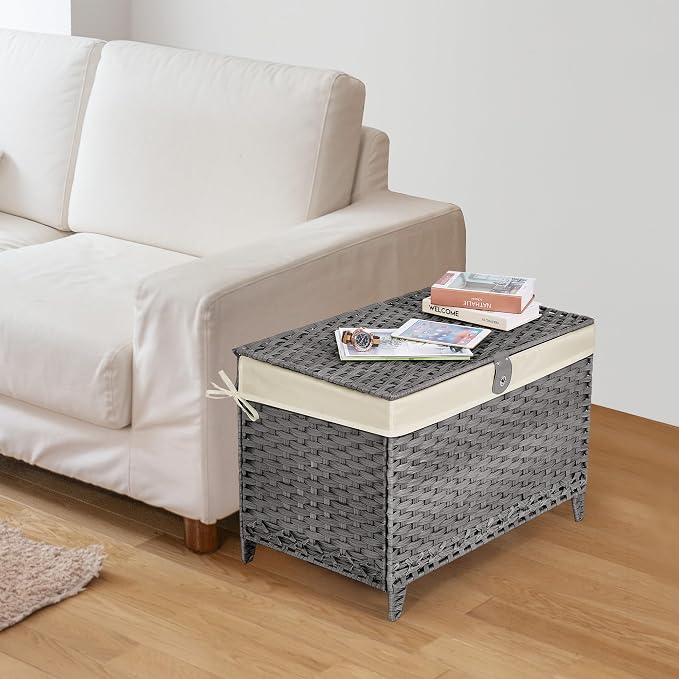 Wicker Storage Basket with Lid, 160L Shelf Basket with Removable Liner Bag | Rattan-Inspired Woven Design, Elevated Feet, Storage Trunk for Wardrobe, Bedroom & Home Organization