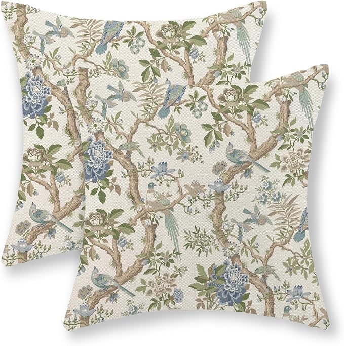 Blue Green Floral Bird Pillow Covers 22x22 Set of 2 Chinoiserie Throw Pillows Green Vintage Flowers Bird Decorative Pillow Cases Outdoor Chinoiserie Decor Farmhouse Cushion Case for Couch Sofa