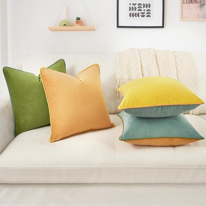 MONDAY MOOSE Decorative Throw Pillow Covers Cushion Cases, Set of 4 Soft Velvet Modern Double-Sided Designs, Mix and Match for Home Decor, Pillow Inserts Not Included (18x18 inch, Yellow/Green)