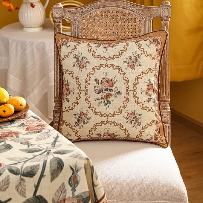 patdrea French Vintage Linen Throw Pillow Cover,18"x18"-ParkerEstate C | Decorative Pillow Case with Zipper,Bird and Floral Pattern,Cushion Coverfor Couch Living Room Bedroom Sofa