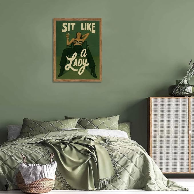 Framed Feminist Wall Art, Vintage Sit Like a Lady Green Wall Decor, Bold Girl Power Feminine Poster Print, Retro Empowering Female Canvas Painting Aesthetic for Bedroom Dorm 12x16 inch